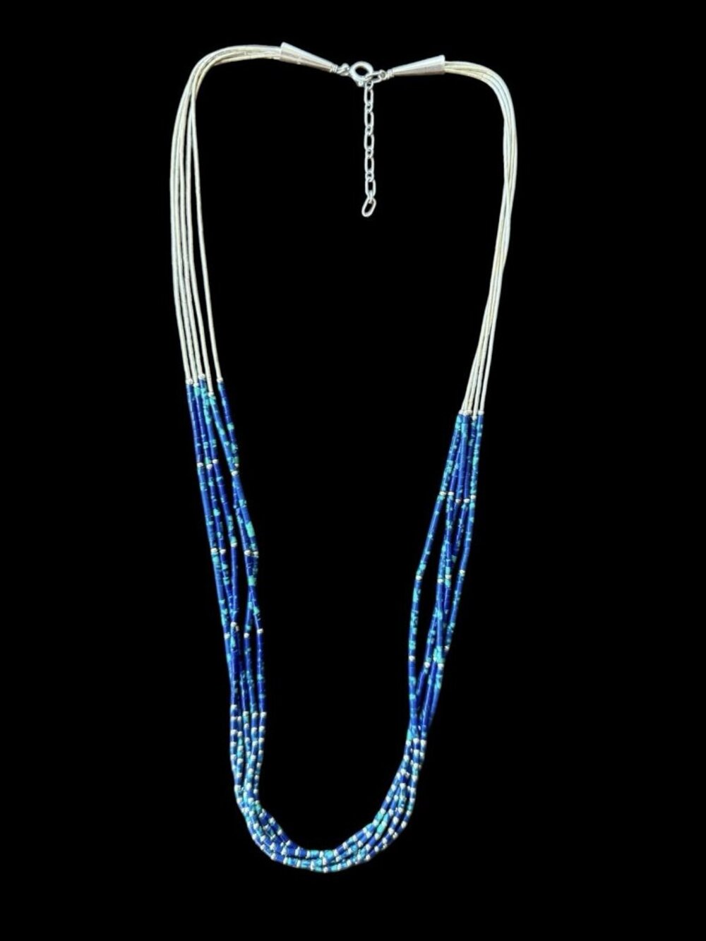 Vintage 925 Sterling Silver Liquid Silver Azurite Heishi Multi Strand Necklace